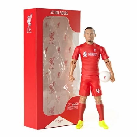 Virgil Van Dijk 20cm action figure in a red Liverpool kit, holding a white soccer ball, with a detailed box featuring Liverpool branding.
