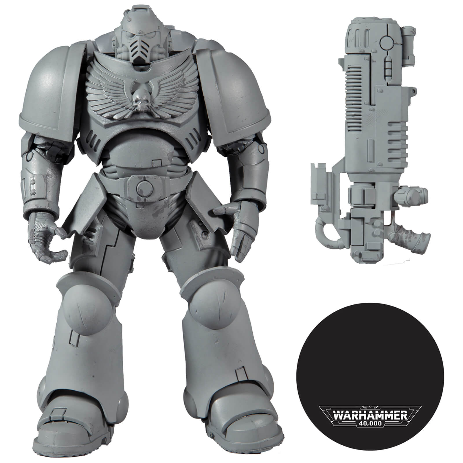 A gray, unpainted Hellblaster Space Marine figure stands tall, featuring detailed armor, a prominent eagle emblem on the chest, and a futuristic weapon beside it, with a circular base labeled "Warhammer 40,000."