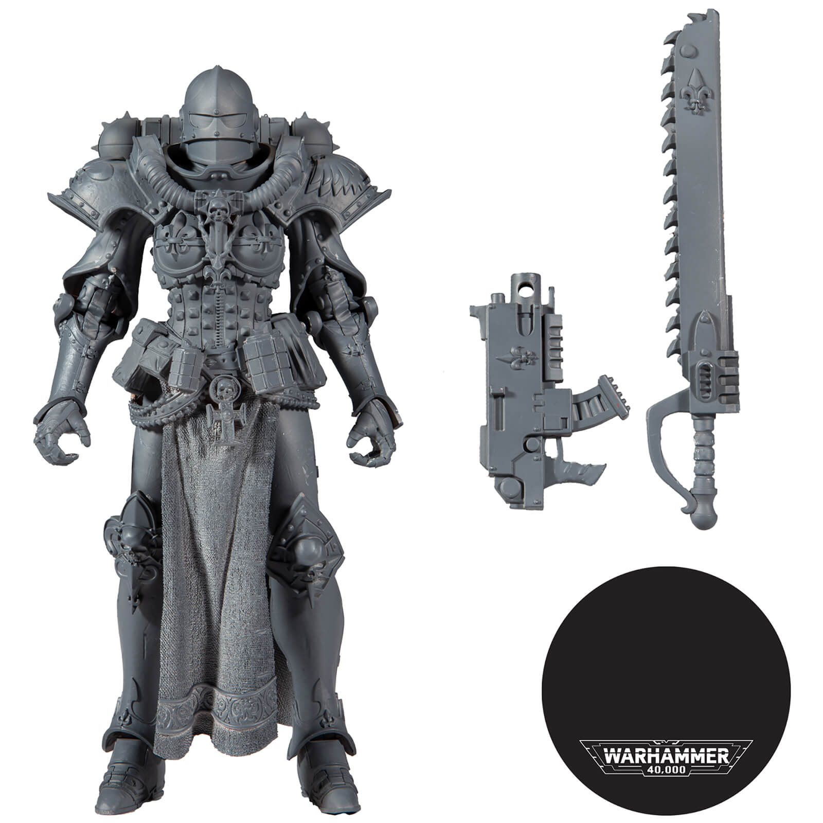 7-inch Adepta Sororitas Battle Sister action figure, featuring intricate armor details in gray, with a textured skirt, and includes a chainsword and a pistol as accessories.