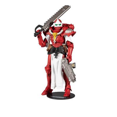 7-inch action figure of a Battle Sister from the Adepta Sororitas, featuring red armor, a white robe, a chainsword, and a bolter, standing on a black base.
