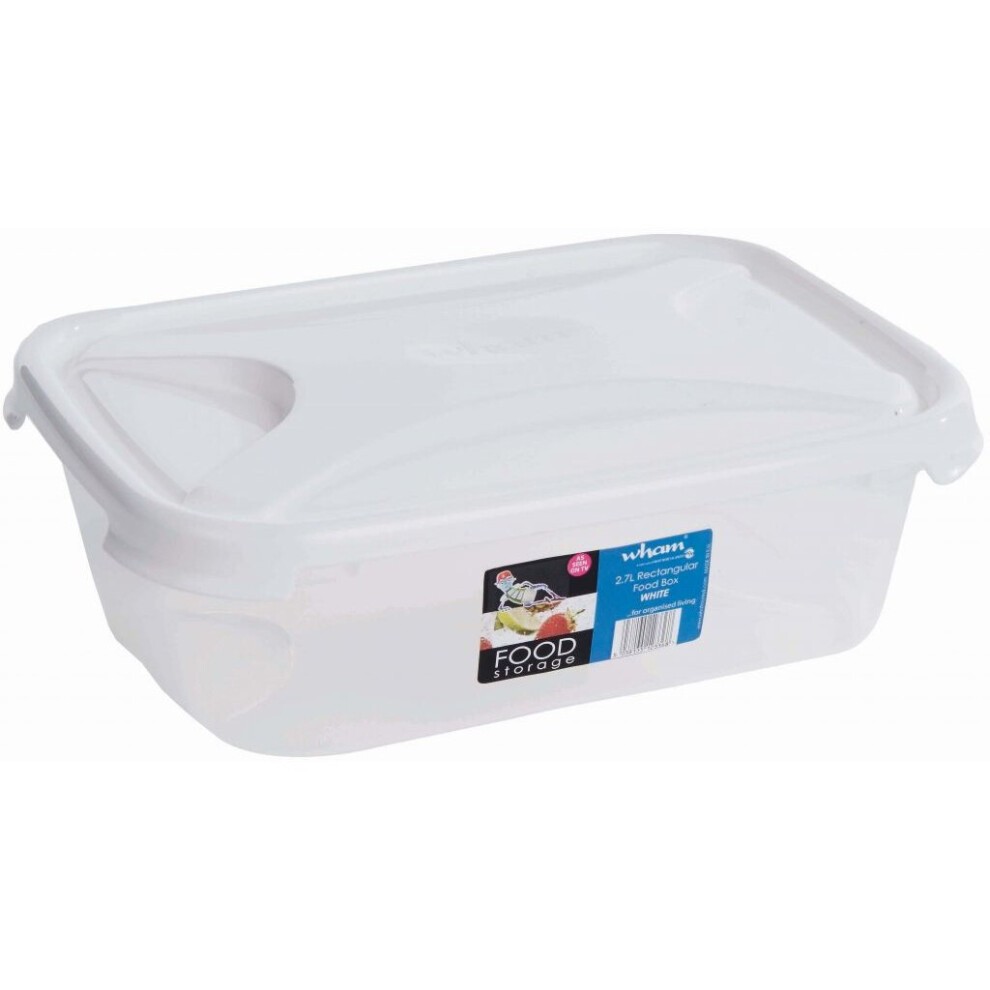 White rectangular food storage container with a 2.7L capacity, featuring a clear plastic body and a secure lid, labeled "FOOD STORAGE" on the front.