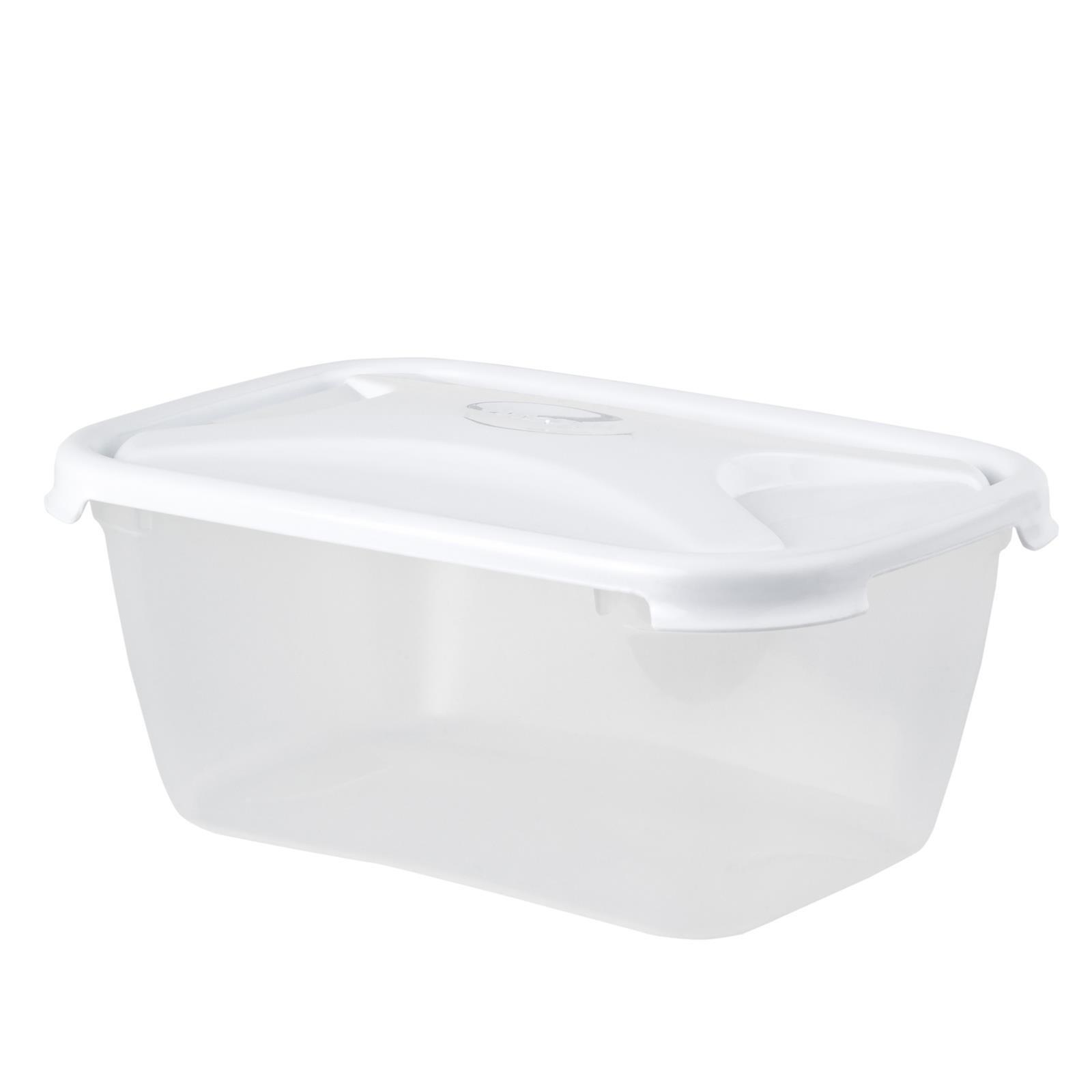 Clear rectangular food storage container with a white plastic lid, holding 3.6 liters, featuring a secure snap-on design and smooth edges for easy stacking.