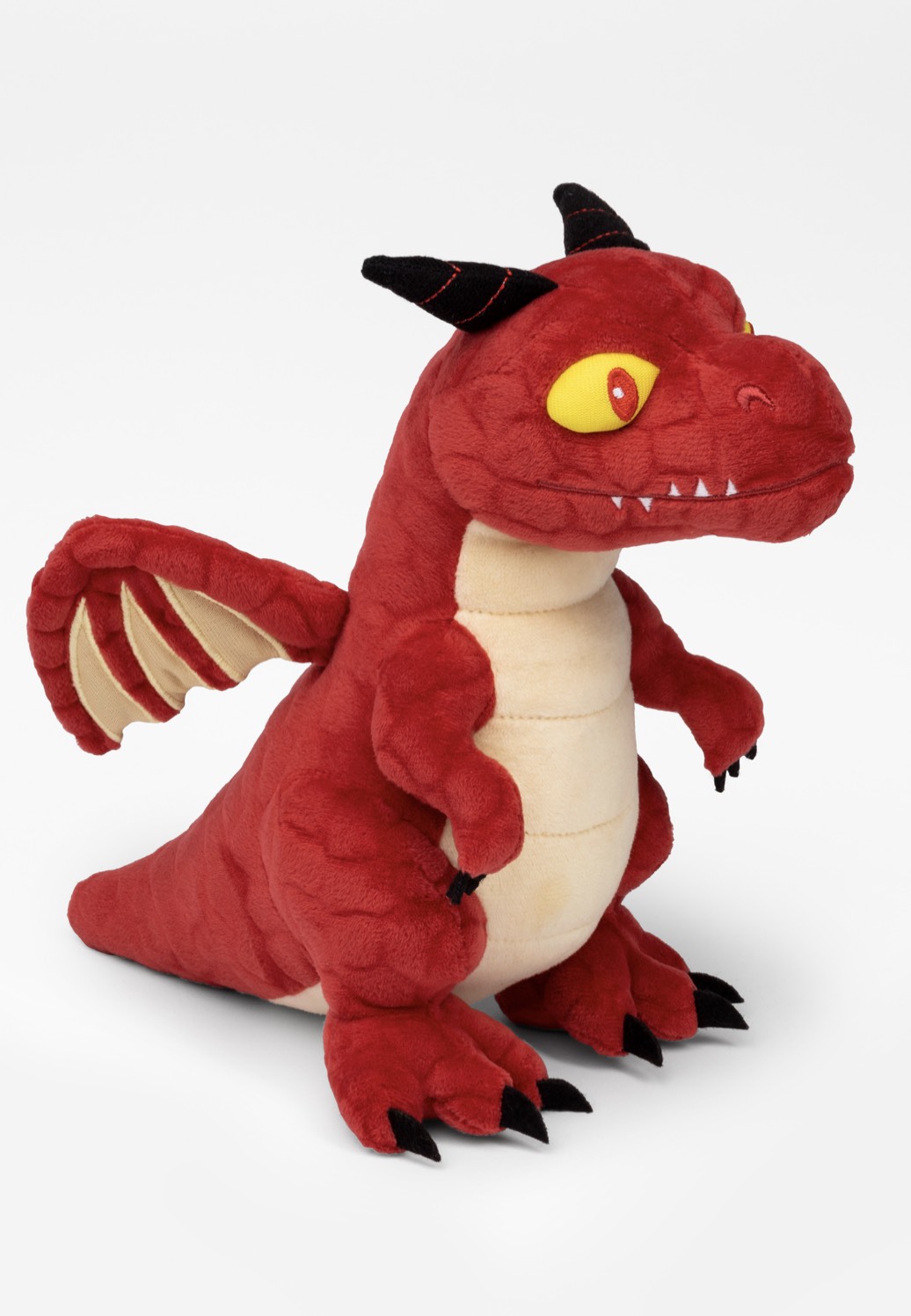 Crimson Whelpling plush toy featuring vibrant red scales, yellow eyes, black horns, and wings, with a soft beige underbelly and black claws.