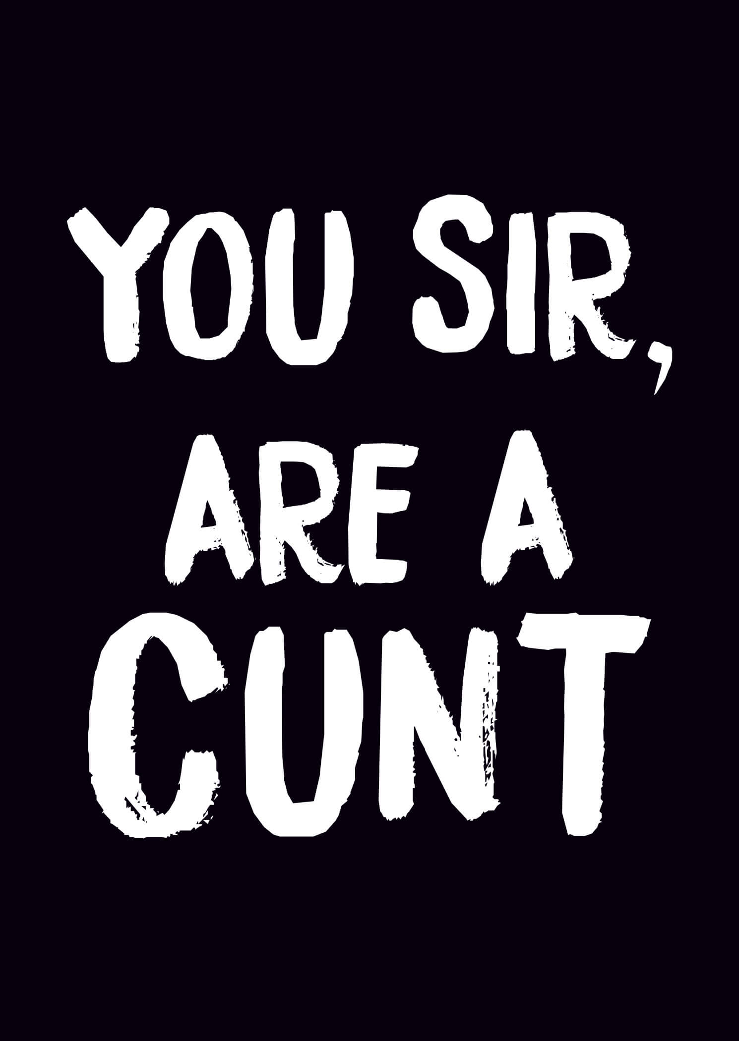 Black postcard featuring bold white text that reads "YOU SIR, ARE A CUNT" in a playful, brushstroke font.