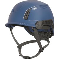 Blue Abus SPECTOR-E non-vented safety helmet with chin strap and black accents.