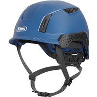 Blue Abus Spector Vented Safety Helmet with adjustable chin strap and black ventilation panels.