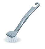 Metallic Addis round pot dish brush with white bristles and a long handle featuring a hook end.