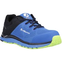 Blue and black Albatros safety trainer with lime green sole, mesh upper, and reinforced toe, size 10.5.