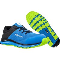 Blue and black low-cut safety trainer with lime green sole and mesh upper, featuring Albatros logo.