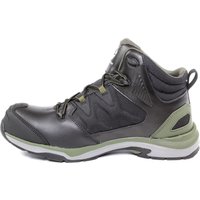 Olive and black mid-cut safety boot with reinforced toe, cushioned ankle support, and durable sole, size 9.