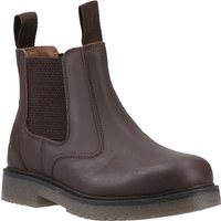 Brown leather dealer boot with elastic side panels, pull tabs, and sturdy sole, size 4 by Footsure Western Limited.