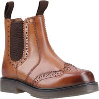 Brown leather pull-on brogue boot with elastic side panels, decorative perforations, and a sturdy sole.