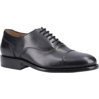 Black leather Oxford dress shoe with cap toe, lace-up design, and leather sole, size 12.