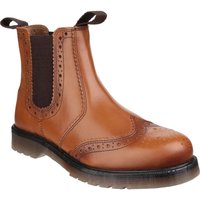 Brown leather pull-on brogue boots with elastic side panels and decorative perforations.