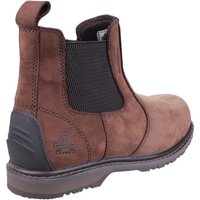 Brown leather pull-on dealer safety boot with black elastic side panels and reinforced heel, size 13.