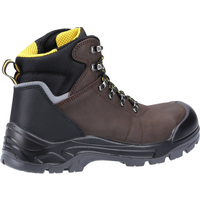 Brown leather safety boot with black toe cap, yellow lining, metal eyelets, and rugged sole, size 10.
