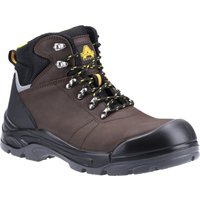 Brown leather safety boot with black toe cap, yellow accents, and sturdy sole, size 12, by Amblers Safety.