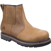 Brown leather Amblers Safety boot, slip-on style with elastic side panels, reinforced toe, and rugged black sole.