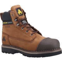 Brown leather Amblers Safety boot with black scuff cap, padded collar, and yellow logo on tongue, size 8.