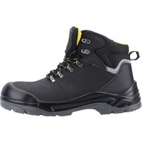 Black leather safety boot with yellow lining, metal eyelets, and reinforced toe, size 11, by Amblers Safety.
