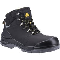 Black leather safety boot with yellow logo, padded collar, metal eyelets, and durable sole, size 12.