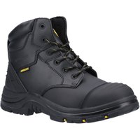 Black Amblers Safety AS305C Winsford boot with reinforced toe, padded collar, and yellow accents.