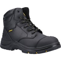 Black Amblers safety boot with reinforced toe, yellow accents, padded collar, and rugged sole, size 9.