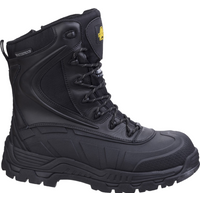 Black Amblers waterproof hi-leg safety boot, metal-free with reinforced toe, lace-up front, and rugged sole.