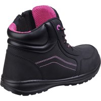 Black Amblers Safety boot with pink lining, side zip, composite toe, and pink stitching, size 4.