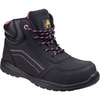 Black Amblers Safety boot with pink accents, composite toe, side zip, padded collar, and lace-up front.