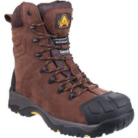 Brown Amblers Safety boot, high-leg design, black reinforced toe cap, yellow accents, and rugged sole, size 10.