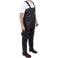 Black Amblers Safety Danube chest waders with adjustable straps, reinforced boots, and red soles, size 10.