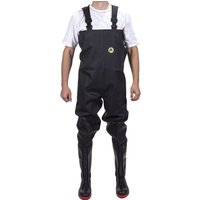 Black chest wader with adjustable suspenders, knee-high boots, and reinforced seams, size 7 by Footsure Western Limited.
