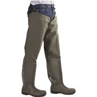 Thigh-high green safety wader boots with reinforced soles and adjustable straps, worn with blue jeans.