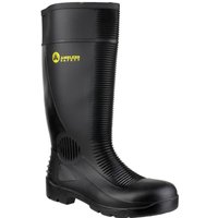 Black Amblers Safety FS100 Wellington boot with reinforced toe, slip-resistant sole, and ribbed shaft detailing.