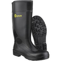 Black Amblers Safety Wellington boots, size 12, with reinforced toe and textured sole, featuring yellow logo.