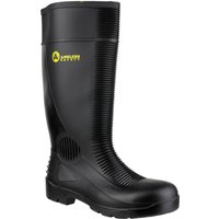 Black Amblers Safety Wellington boot with textured grip, reinforced toe, and yellow logo on the side.