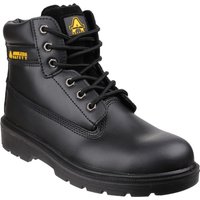 Black Amblers Safety boot, size 14, with padded collar, lace-up front, and yellow logo on the side.