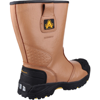 Brown Amblers waterproof safety rigger boot, pull-on style, black reinforced toe, rugged sole, size 10.