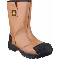 Brown waterproof pull-on safety rigger boot with black reinforced toe and heel, size 12, by Amblers Safety.