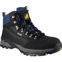 Black Amblers Safety FS161 boot with blue accents, metal eyelets, padded collar, and rugged sole.