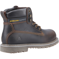 Brown Amblers Safety industrial boot, size 10, with padded collar, metal eyelets, and yellow stitching.