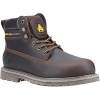 Brown Amblers Safety boot, lace-up, with padded collar and yellow logo on tongue, rugged sole, size 5.