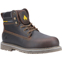Brown leather Amblers Safety boot, steel toe, padded collar, yellow logo, size 6, with sturdy rubber sole.