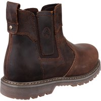Brown leather pull-on safety boot with elastic side panels, reinforced toe, and rugged sole.