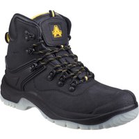 Black Amblers Safety boot, size 13, with yellow accents, padded collar, and rugged sole.