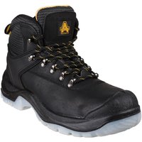 Black Amblers Safety FS199 hiker boot with padded ankle, metal eyelets, yellow accents, and rugged sole.