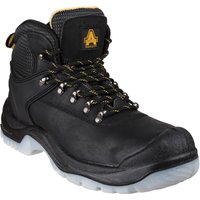 Black Amblers Safety hiker boot with yellow accents, metal eyelets, padded collar, and rugged sole, size 8.