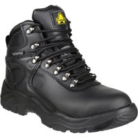 Black Amblers Safety boot, size 7, with metal eyelets, padded collar, and yellow logo on tongue.