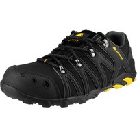 Black Amblers Safety trainer with yellow accents, soft shell, lace-up design, and rugged sole, size 10.